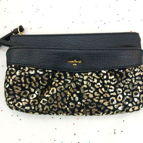 Juicy Couture Gold Metallic Leopard Print Wristlet Black with Two Zip Pockets... - Picture 1 of 10